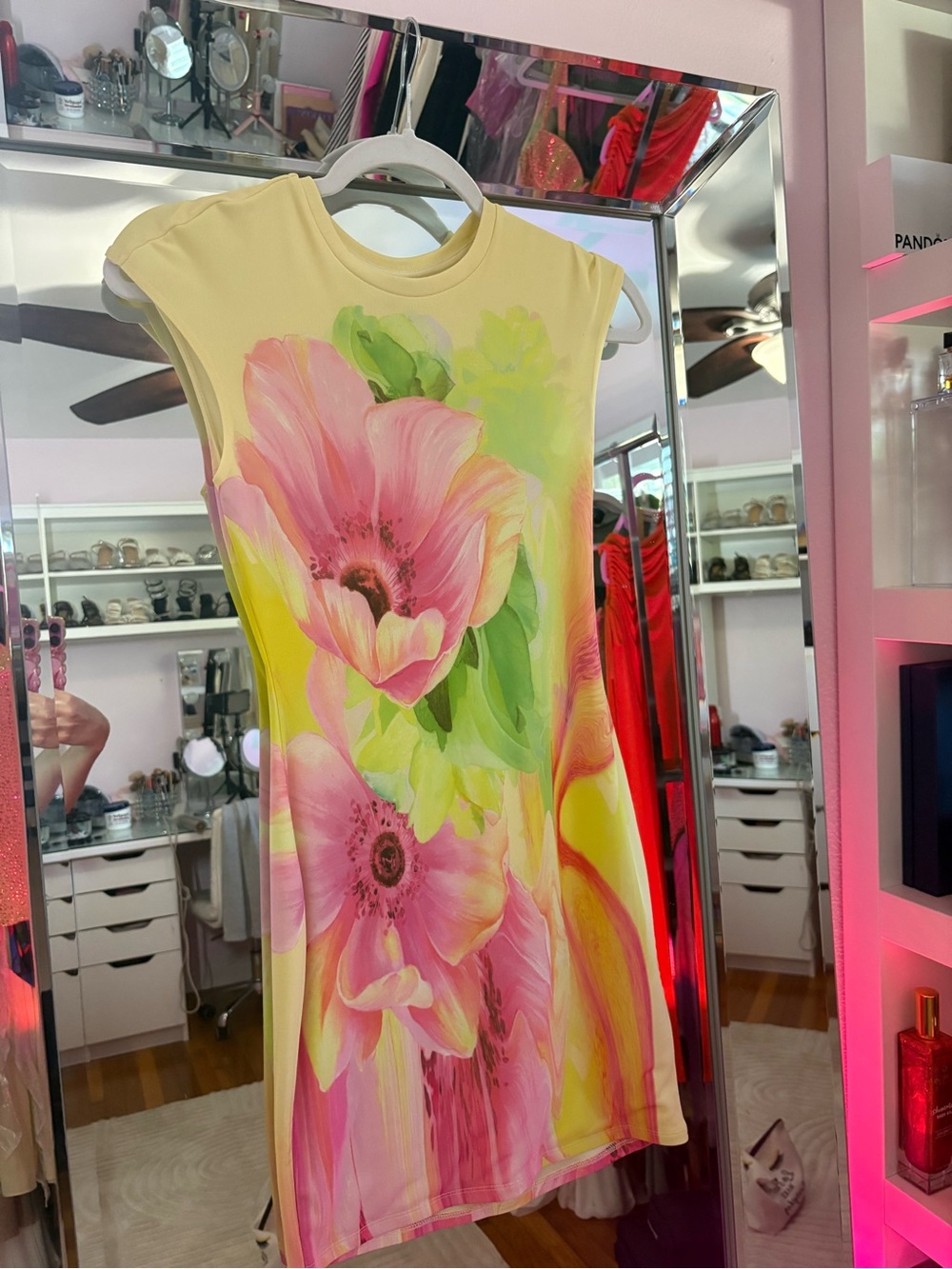 AFRM Yellow Shift Dress with Pink Floral Print